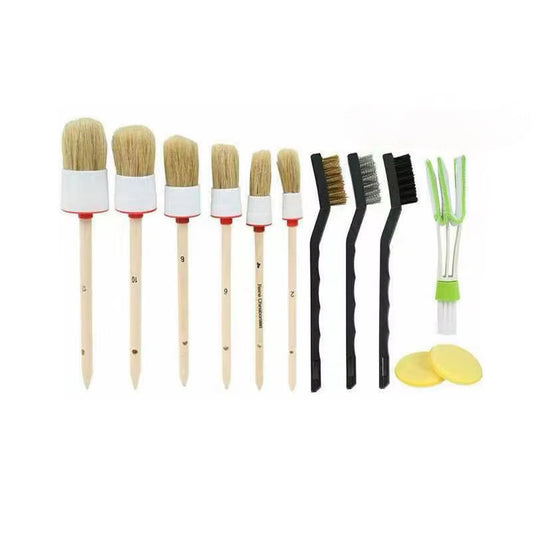 Kulatý detailní kartáč na auto s přírodními štětinami a dřevěnou rukojetí